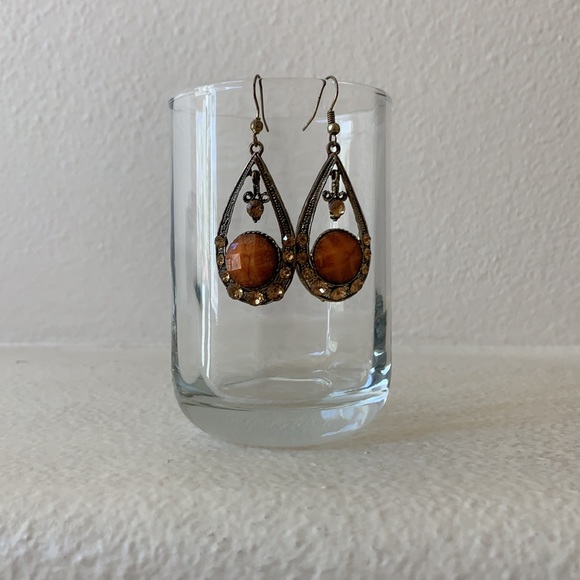 Vintage Metal and Orange Stone and Crystal Drop Earrings - Picture 5 of 11